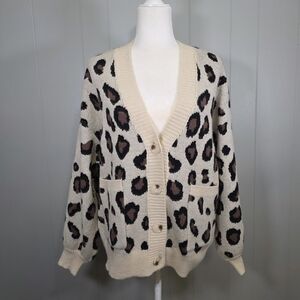 Threaded Leaf Animal Print Long Sleeve Cardigan Size L